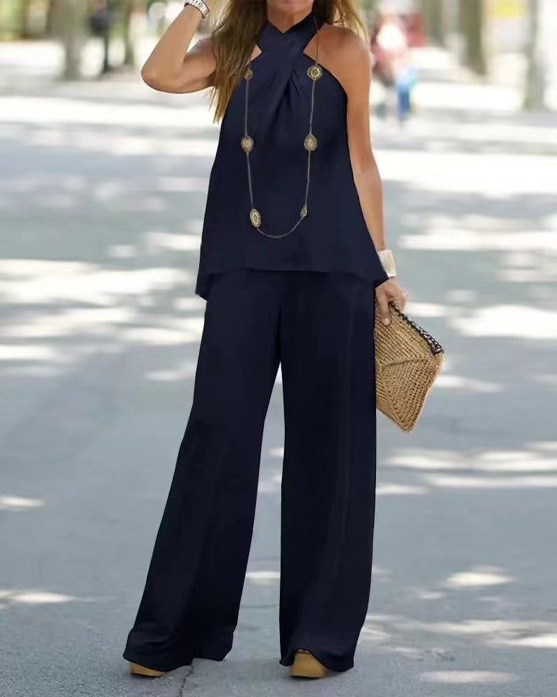 Elegant Halter Top & Wide-Leg Pants Two-Piece Set