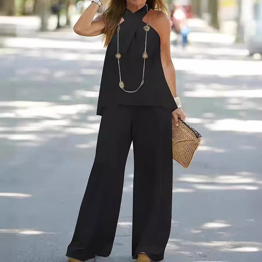 Elegant Halter Top & Wide-Leg Pants Two-Piece Set