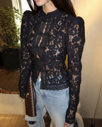 Elegant Lace Crochet Stand Collar Slim Fit Blouse