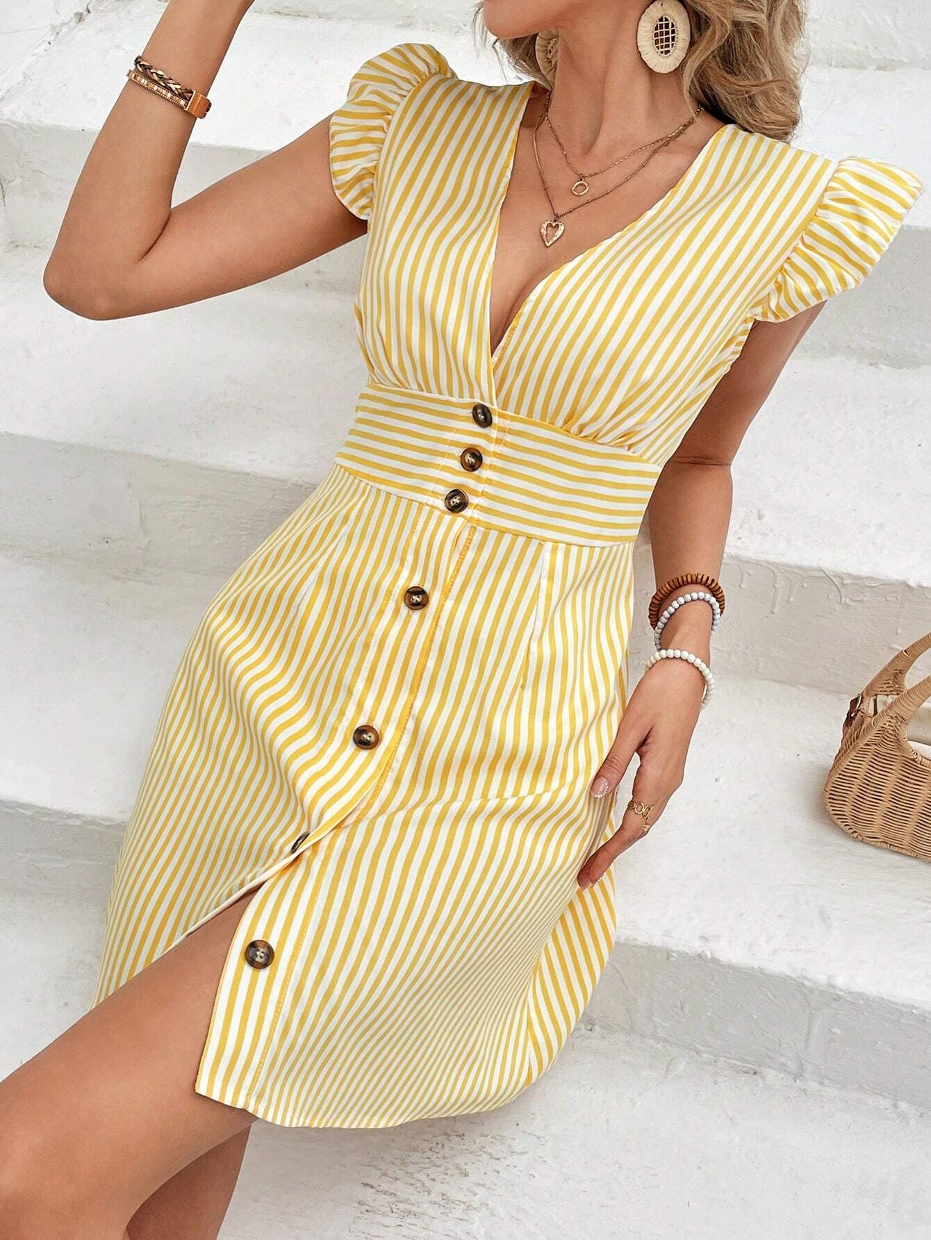 Khloe™ Summer striped V-neck elegant sleeve dress