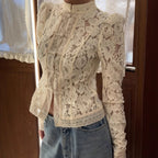 Elegant Lace Crochet Stand Collar Slim Fit Blouse