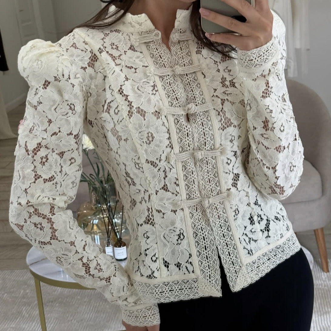 Elegant Lace Crochet Stand Collar Slim Fit Blouse
