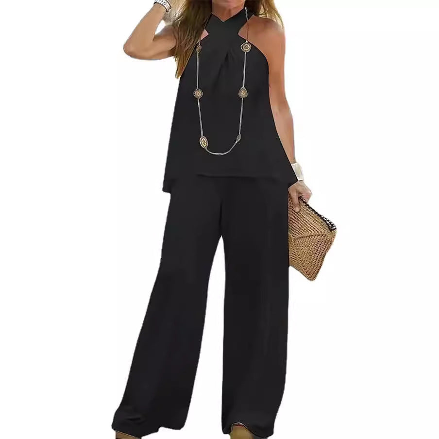 Elegant Halter Top & Wide-Leg Pants Two-Piece Set