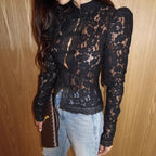 Elegant Lace Crochet Stand Collar Slim Fit Blouse