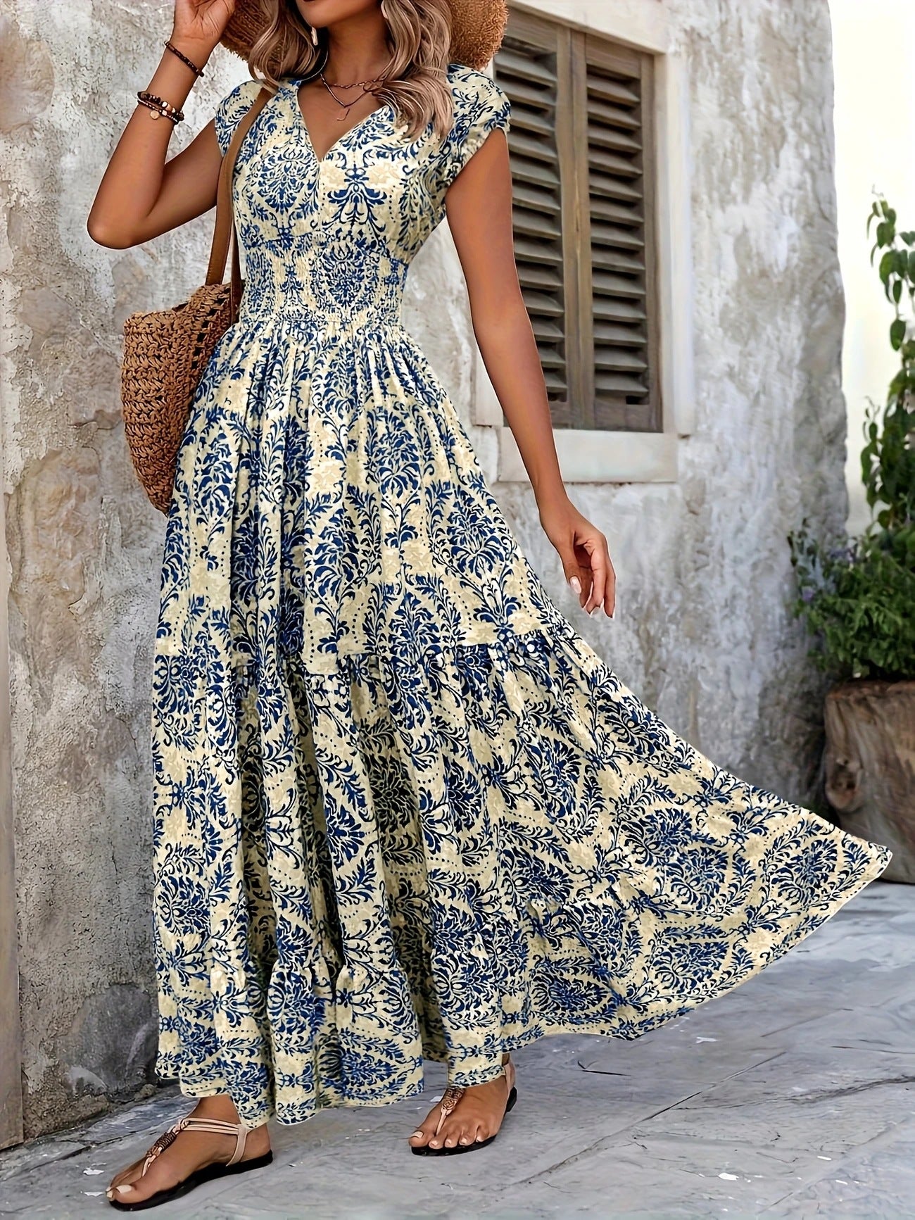 NEW - V-Neck Slim Waist Long Dress