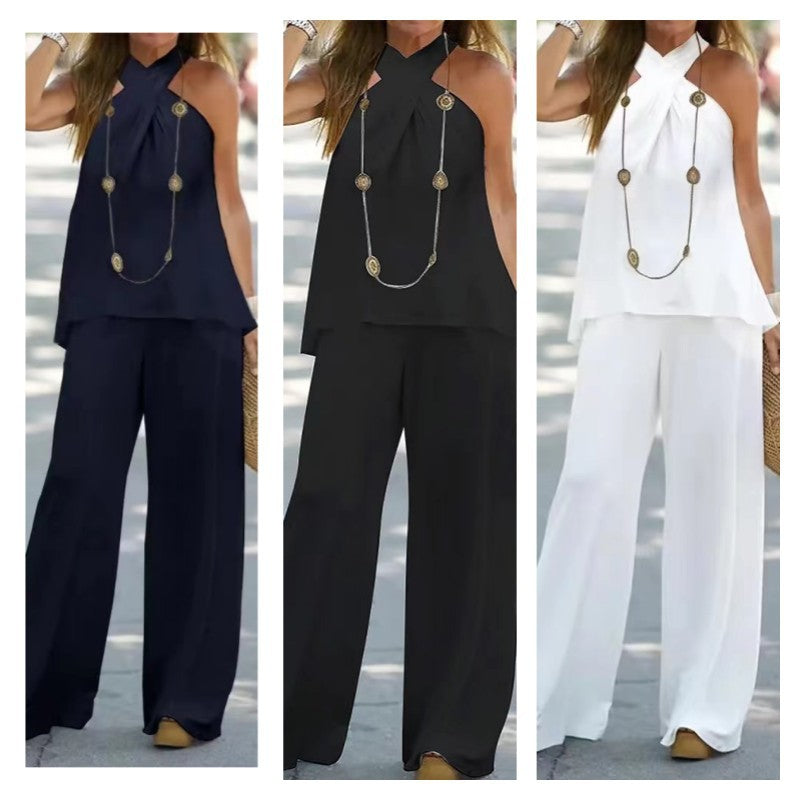 Elegant Halter Top & Wide-Leg Pants Two-Piece Set